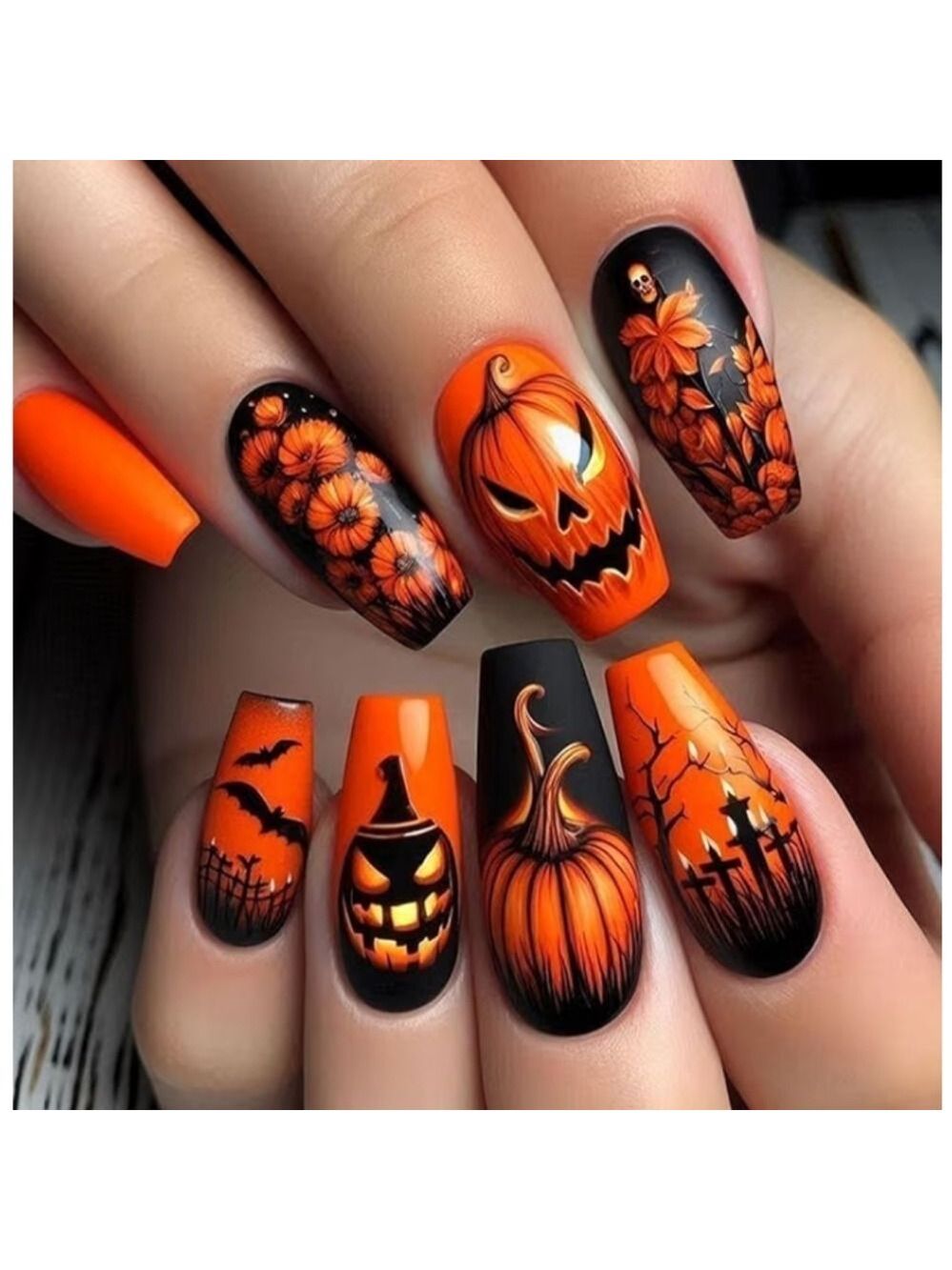 2/$10 Halloween Pumpkin & Floral False Nail Set - Orange & Black